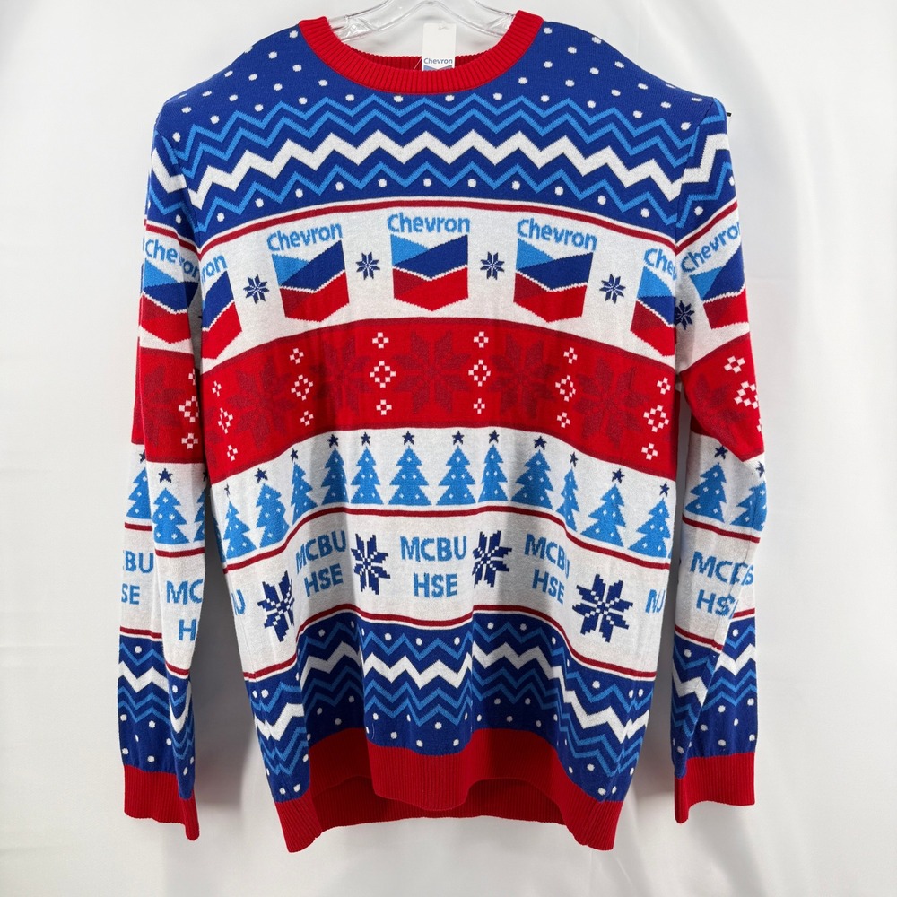 Chevron Ugly Christmas Sweater Mens XXL Blue Red Cotton Blend Fair Isle Logo